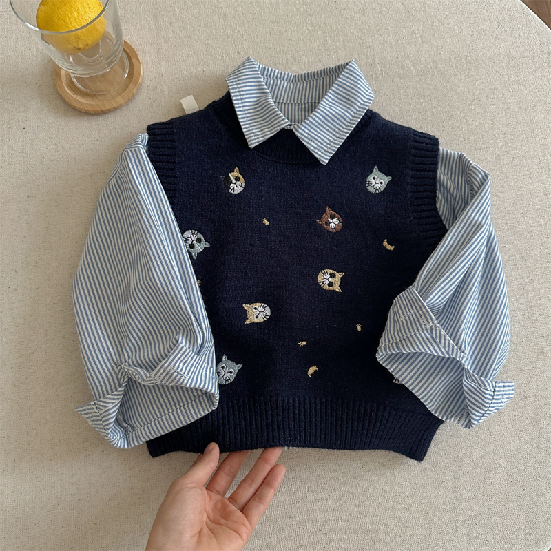 Dvojdielny pletený set vestičiek pre deti s vyšívaným mačiatkom, kórejský štýl, unisex, 90% bavlna