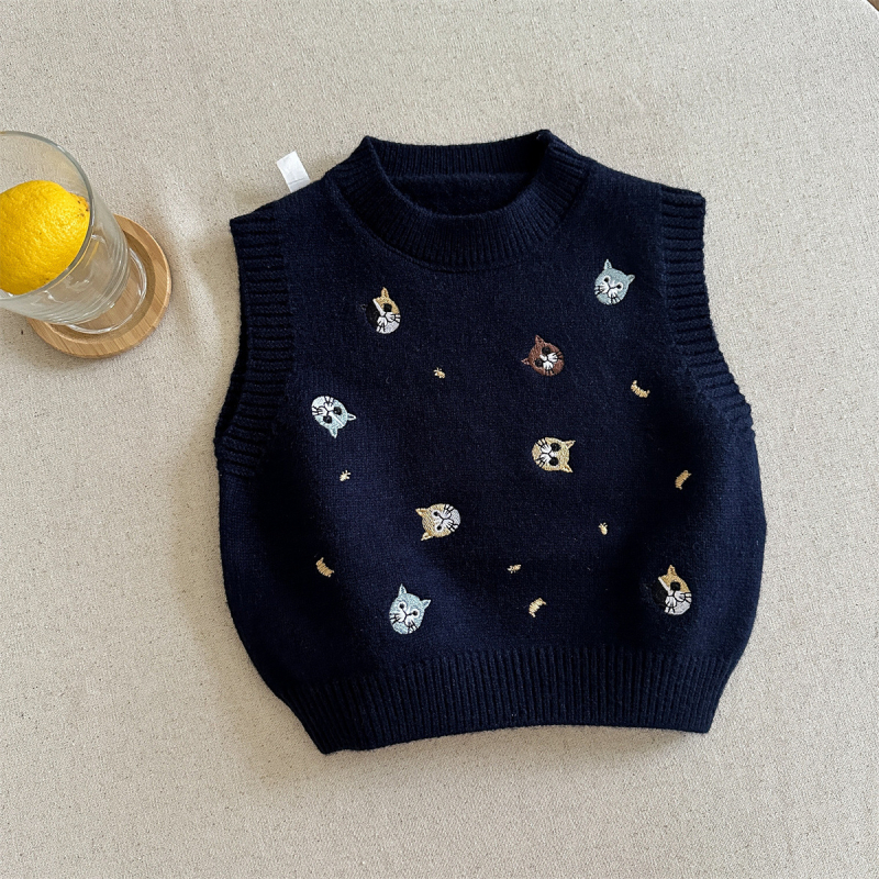 Dvojdielny pletený set vestičiek pre deti s vyšívaným mačiatkom, kórejský štýl, unisex, 90% bavlna