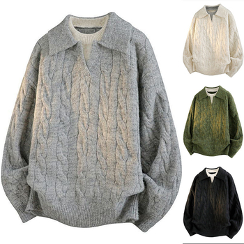 Pulover tricotat cu guler Turn-Down, blocuri de culoare, croială lejeră, mâneci lungi, casual de iarnă