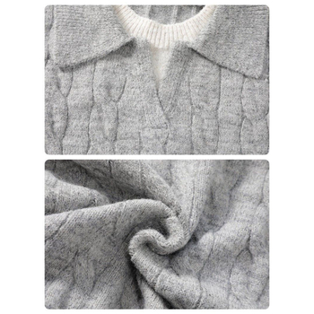 Pulover tricotat cu guler Turn-Down, blocuri de culoare, croială lejeră, mâneci lungi, casual de iarnă