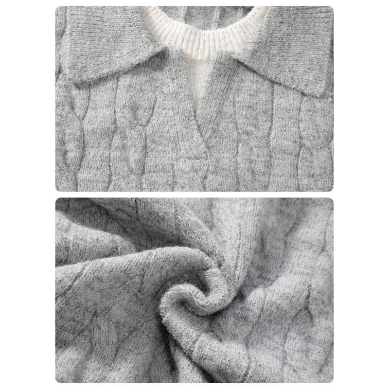 Pulover tricotat cu guler Turn-Down, blocuri de culoare, croială lejeră, mâneci lungi, casual de iarnă