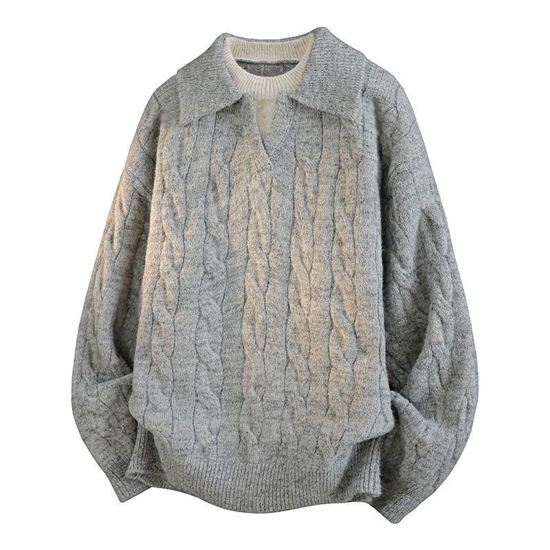 Pulover tricotat cu guler Turn-Down, blocuri de culoare, croială lejeră, mâneci lungi, casual de iarnă