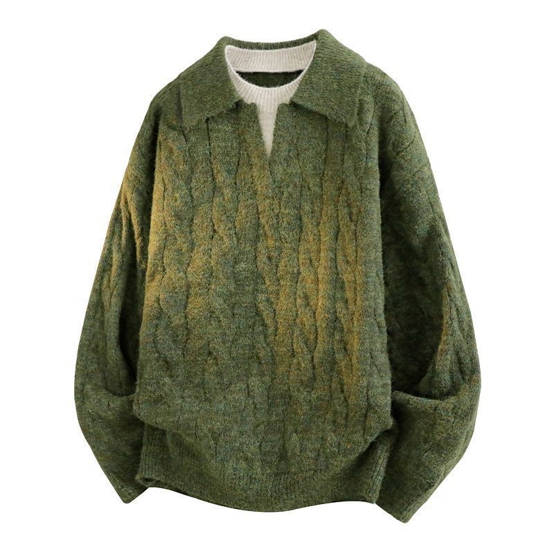 Pulover tricotat cu guler Turn-Down, blocuri de culoare, croială lejeră, mâneci lungi, casual de iarnă