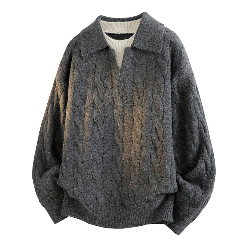 Pulover tricotat cu guler Turn-Down, blocuri de culoare, croială lejeră, mâneci lungi, casual de iarnă