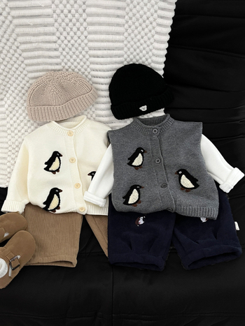 Detský pletený kardigán s motívom zvierat, okrúhly golier, dlhé rukávy, hrubé pletenie, pre 1–3 roky