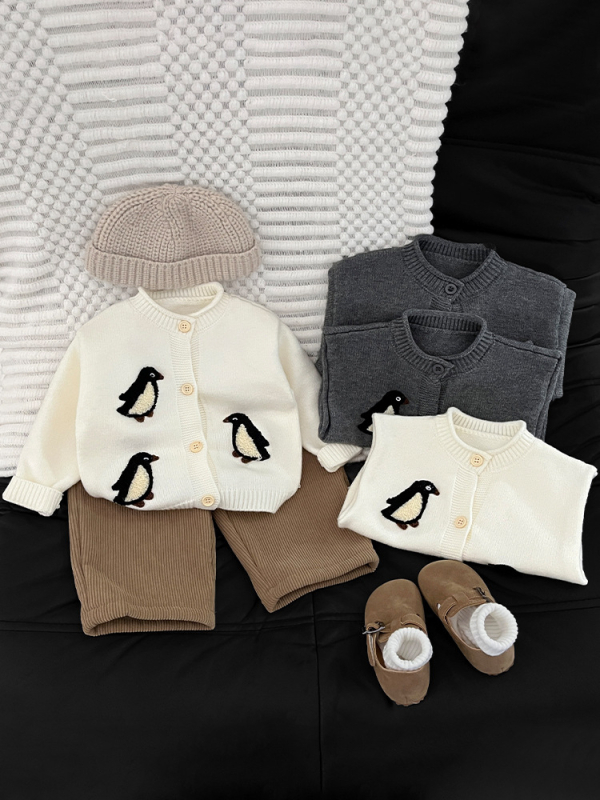 Detský pletený kardigán s motívom zvierat, okrúhly golier, dlhé rukávy, hrubé pletenie, pre 1–3 roky