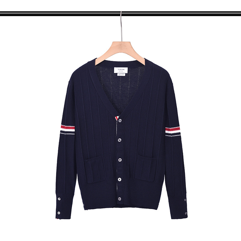 TB BROWIN Pánsky pletený kardigan v kórejskom štýle s prúžkovaným jacquardom, otvorená predná časť, V výstrih, stredná dĺžka, vlna 30–35%