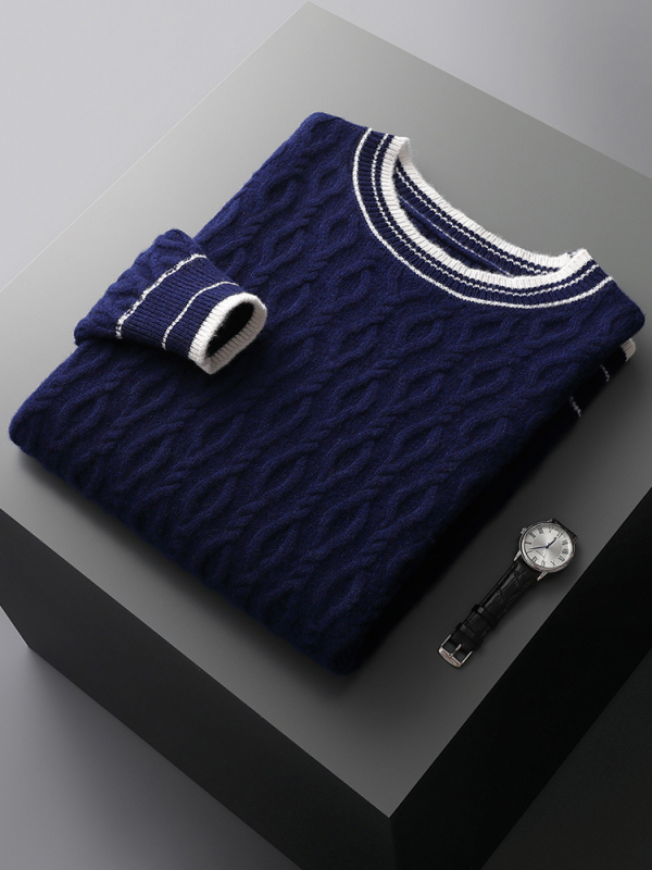 Sveter z 100% vlny, hrubý žakárdny pletený, kruhový výstrih, voľný strih