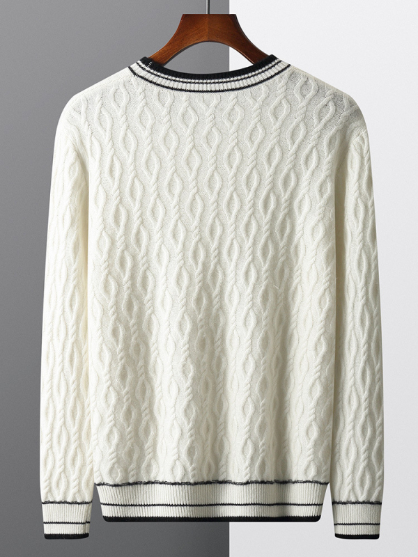 Sveter z 100% vlny, hrubý žakárdny pletený, kruhový výstrih, voľný strih