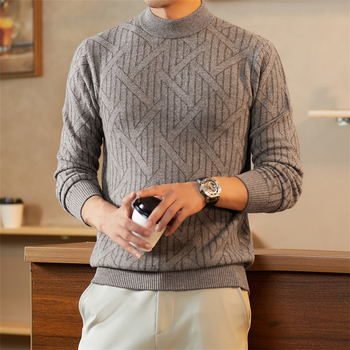 Pánsky sveter z vlny a kašmíru, úzky strih, polovičný vysoký golier, zimný