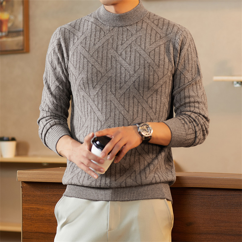 Pánsky sveter z vlny a kašmíru, úzky strih, polovičný vysoký golier, zimný