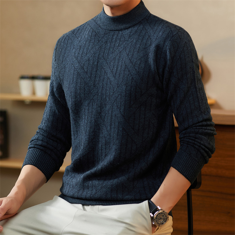 Pánsky sveter z vlny a kašmíru, úzky strih, polovičný vysoký golier, zimný