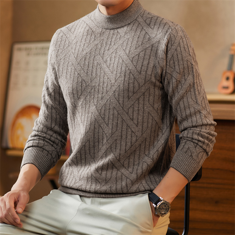 Pánsky sveter z vlny a kašmíru, úzky strih, polovičný vysoký golier, zimný