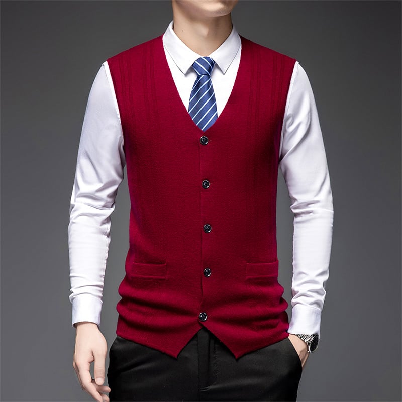 Vlnený vest cardigan, bez rukávov, V-výstrih, zapínanie na jeden rad gombov, hrubý, 100% vlna