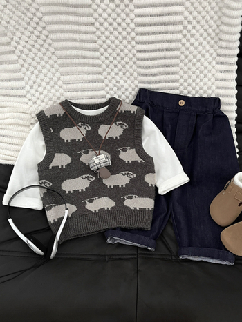 Pletená vesta pre chlapcov s vyšitém motívom zvierat a karikatúr, pulóver strih, akryl zmes 50%, jemné spracovanie, pre vek 1–3 rokov, jar a jeseň, kórejský štýl.