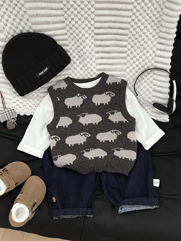 Pletená vesta pre chlapcov s vyšitém motívom zvierat a karikatúr, pulóver strih, akryl zmes 50%, jemné spracovanie, pre vek 1–3 rokov, jar a jeseň, kórejský štýl.