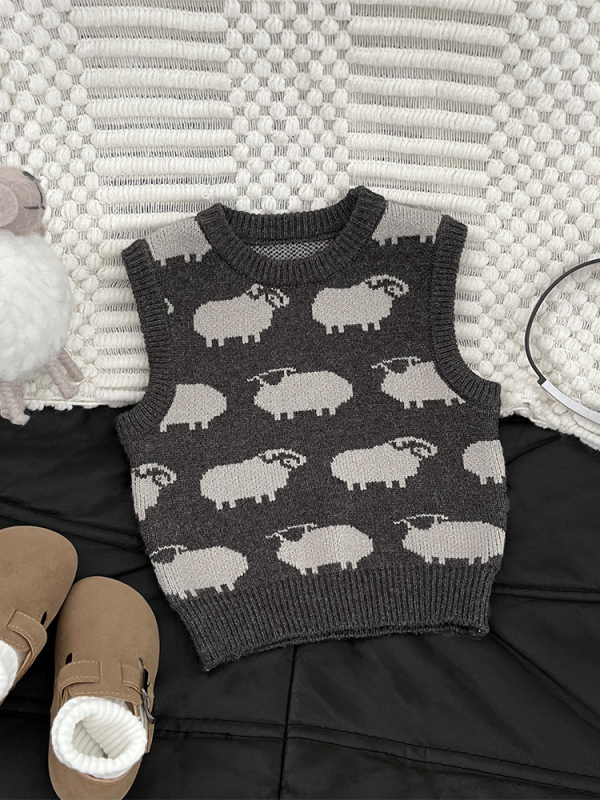 Pletená vesta pre chlapcov s vyšitém motívom zvierat a karikatúr, pulóver strih, akryl zmes 50%, jemné spracovanie, pre vek 1–3 rokov, jar a jeseň, kórejský štýl.