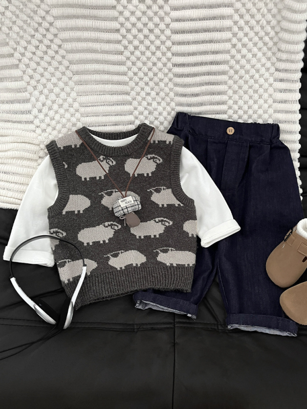 Pletená vesta pre chlapcov s vyšitém motívom zvierat a karikatúr, pulóver strih, akryl zmes 50%, jemné spracovanie, pre vek 1–3 rokov, jar a jeseň, kórejský štýl.