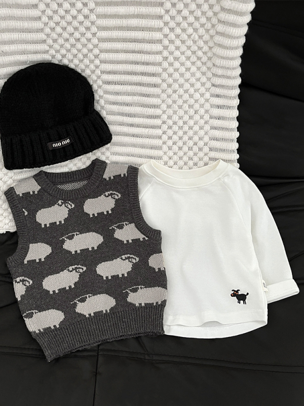 Pletená vesta pre chlapcov s vyšitém motívom zvierat a karikatúr, pulóver strih, akryl zmes 50%, jemné spracovanie, pre vek 1–3 rokov, jar a jeseň, kórejský štýl.