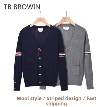 TB BROWIN Cardigan v kórejskom štýle so žakardovým vzorom a pruhovaným dizajnom, V-krk, dlhé rukávy, vlna 30–35%, stredná dĺžka