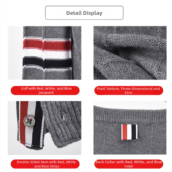 TB BROWIN Cardigan v kórejskom štýle so žakardovým vzorom a pruhovaným dizajnom, V-krk, dlhé rukávy, vlna 30–35%, stredná dĺžka