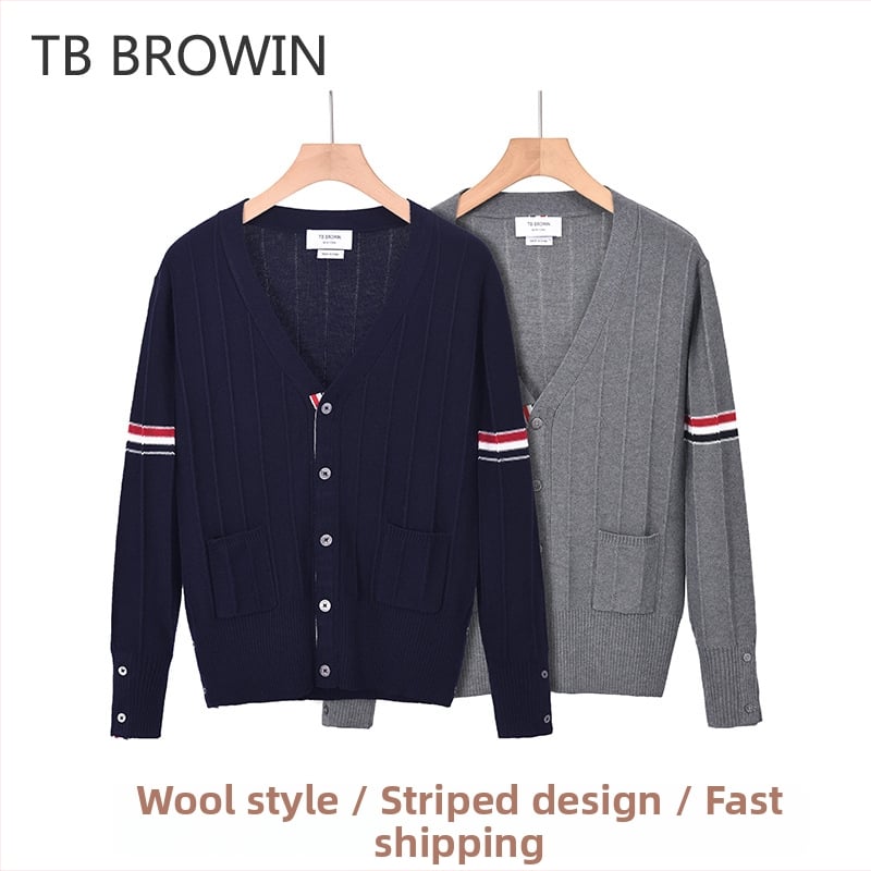 TB BROWIN Cardigan v kórejskom štýle so žakardovým vzorom a pruhovaným dizajnom, V-krk, dlhé rukávy, vlna 30–35%, stredná dĺžka