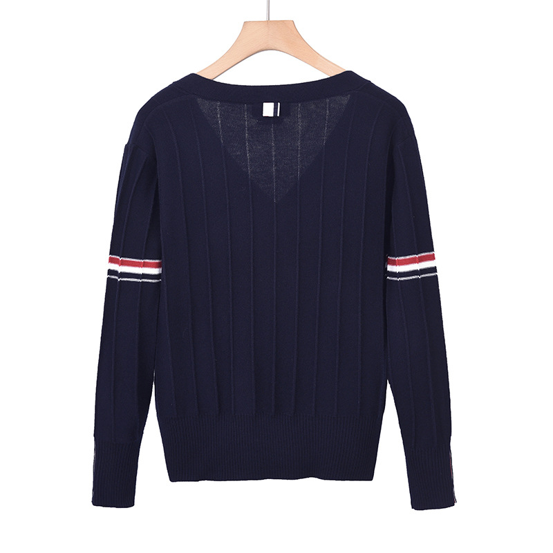 TB BROWIN Cardigan v kórejskom štýle so žakardovým vzorom a pruhovaným dizajnom, V-krk, dlhé rukávy, vlna 30–35%, stredná dĺžka