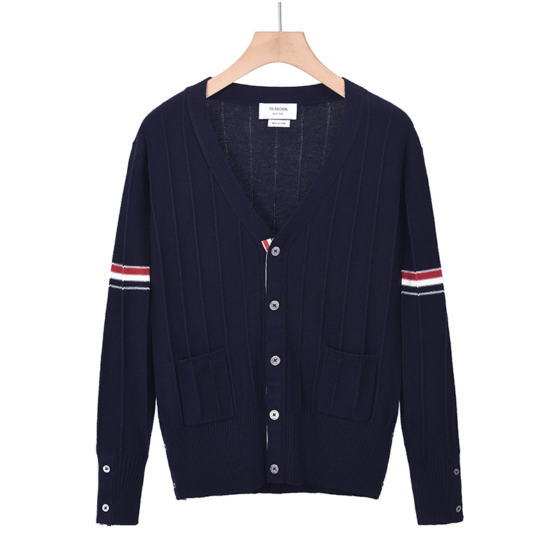 TB BROWIN Cardigan v kórejskom štýle so žakardovým vzorom a pruhovaným dizajnom, V-krk, dlhé rukávy, vlna 30–35%, stredná dĺžka