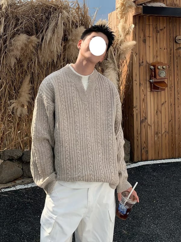 Muški pleteni džemper s V-izrezom, široka silueta, žakardni uzorak, mješavina pamuka i poliester, korejski stil, model 7702