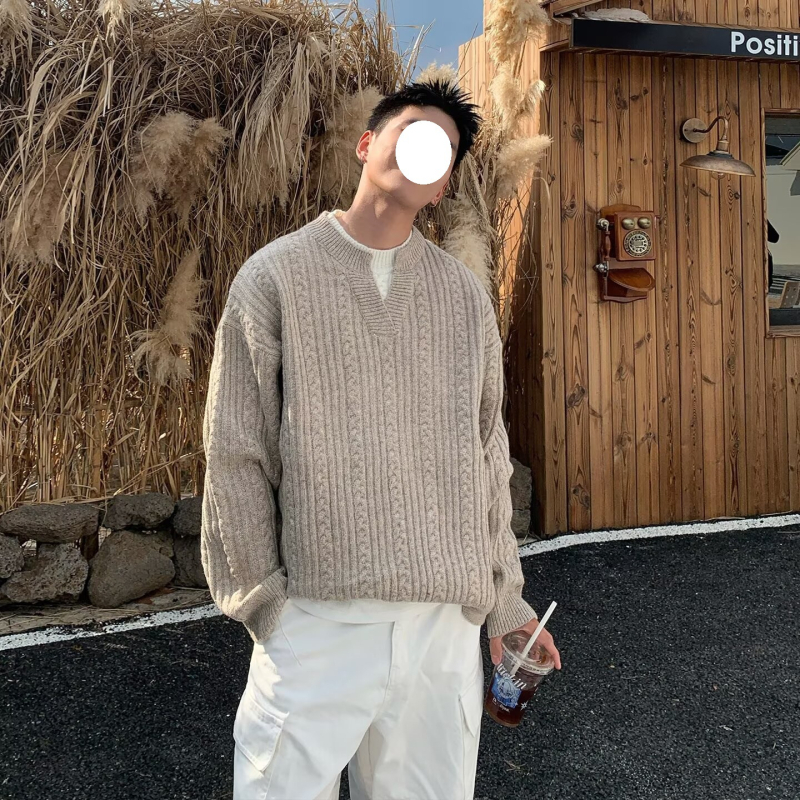 Muški pleteni džemper s V-izrezom, široka silueta, žakardni uzorak, mješavina pamuka i poliester, korejski stil, model 7702