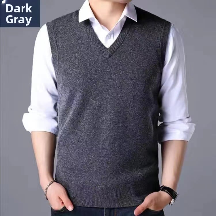 Pánska vesta s V-krkom, bez rukávov, pletená, zo zmesového vlneného materiálu 30–35%, vhodná na všetky ročné obdobia