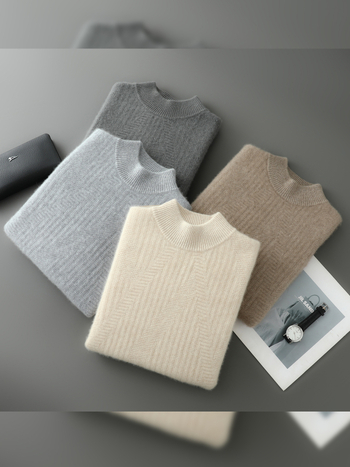 Pánsky sveter z kasmíru s polovične vysokým golierom, voľný strih, dlhý rukáv, hrubá vlnená látka, 30–35% kasmírov