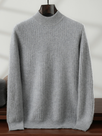 Pánsky sveter z kasmíru s polovične vysokým golierom, voľný strih, dlhý rukáv, hrubá vlnená látka, 30–35% kasmírov