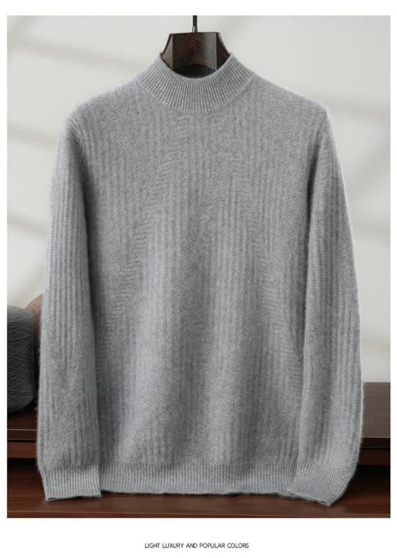 Pánsky sveter z kasmíru s polovične vysokým golierom, voľný strih, dlhý rukáv, hrubá vlnená látka, 30–35% kasmírov