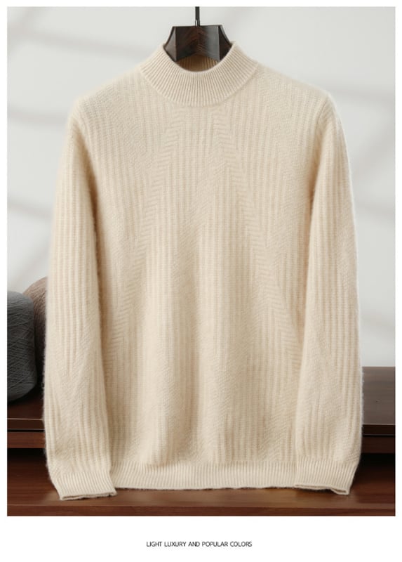 Pánsky sveter z kasmíru s polovične vysokým golierom, voľný strih, dlhý rukáv, hrubá vlnená látka, 30–35% kasmírov