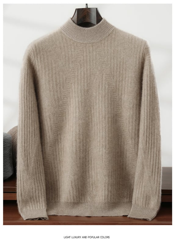 Pánsky sveter z kasmíru s polovične vysokým golierom, voľný strih, dlhý rukáv, hrubá vlnená látka, 30–35% kasmírov