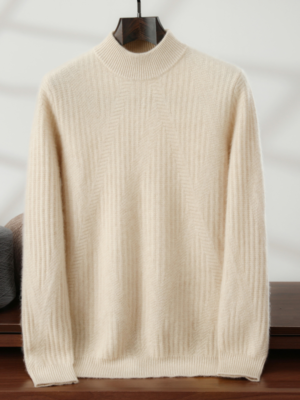 Pánsky sveter z kasmíru s polovične vysokým golierom, voľný strih, dlhý rukáv, hrubá vlnená látka, 30–35% kasmírov