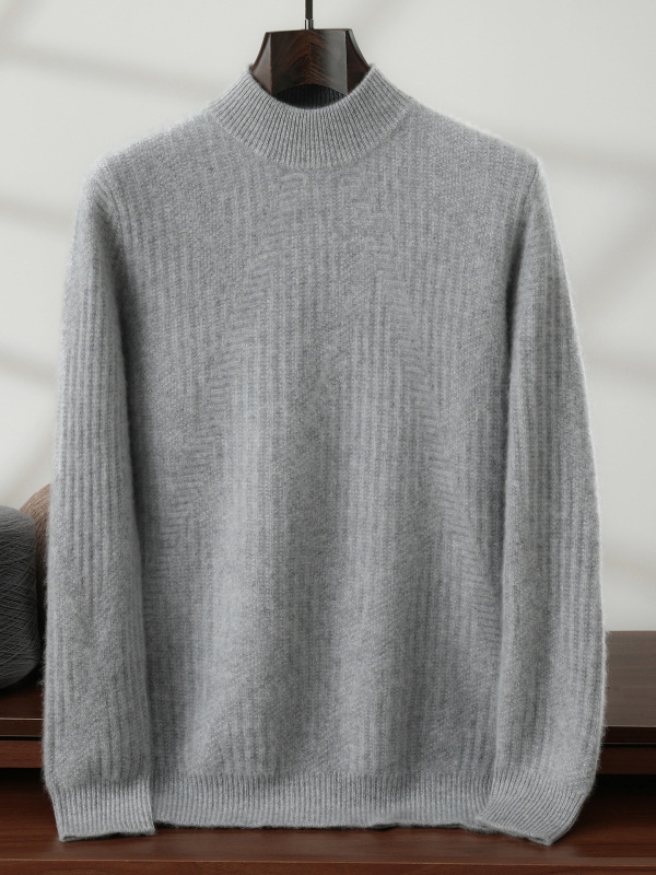 Pánsky sveter z kasmíru s polovične vysokým golierom, voľný strih, dlhý rukáv, hrubá vlnená látka, 30–35% kasmírov
