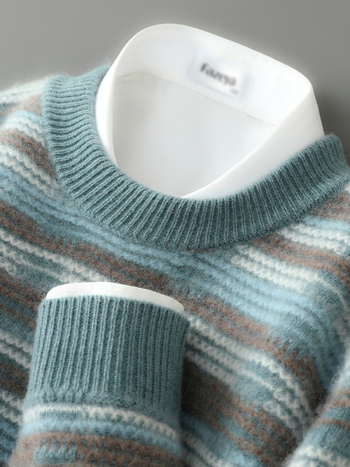 Pánsky sveter z 100% vlny s jacquardovým vzorom, voľný strih, okrúhly výstrih