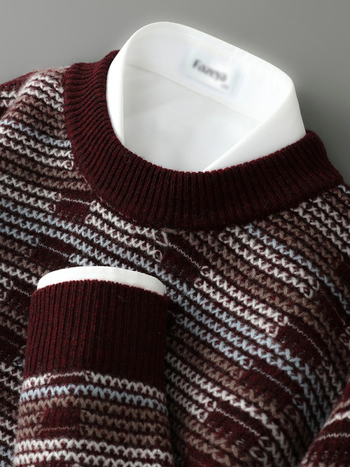 Pánsky sveter z 100% vlny s jacquardovým vzorom, voľný strih, okrúhly výstrih