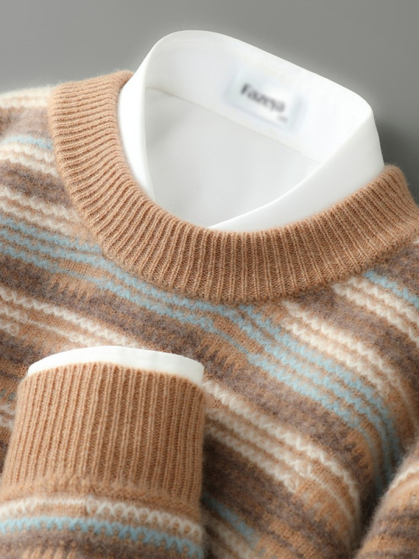 Pánsky sveter z 100% vlny s jacquardovým vzorom, voľný strih, okrúhly výstrih