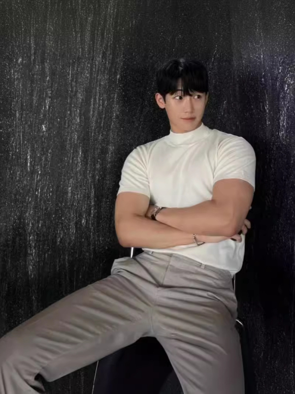 Мъжка плетена тениска с къс ръкав, кръгло деколте, слим фит, памучна смес