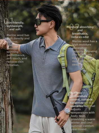 Merino vlna polo tričko pre mužov, krátke rukávy, okrúhly výstrih, rýchloschnúce, letné outdoorové oblečenie