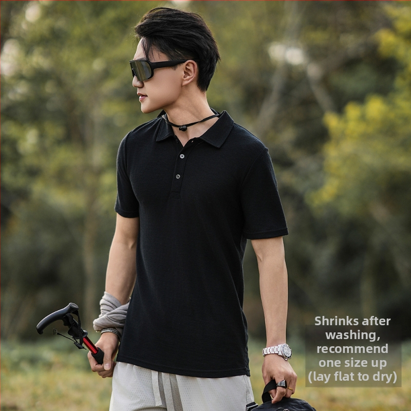 Merino vlna polo tričko pre mužov, krátke rukávy, okrúhly výstrih, rýchloschnúce, letné outdoorové oblečenie