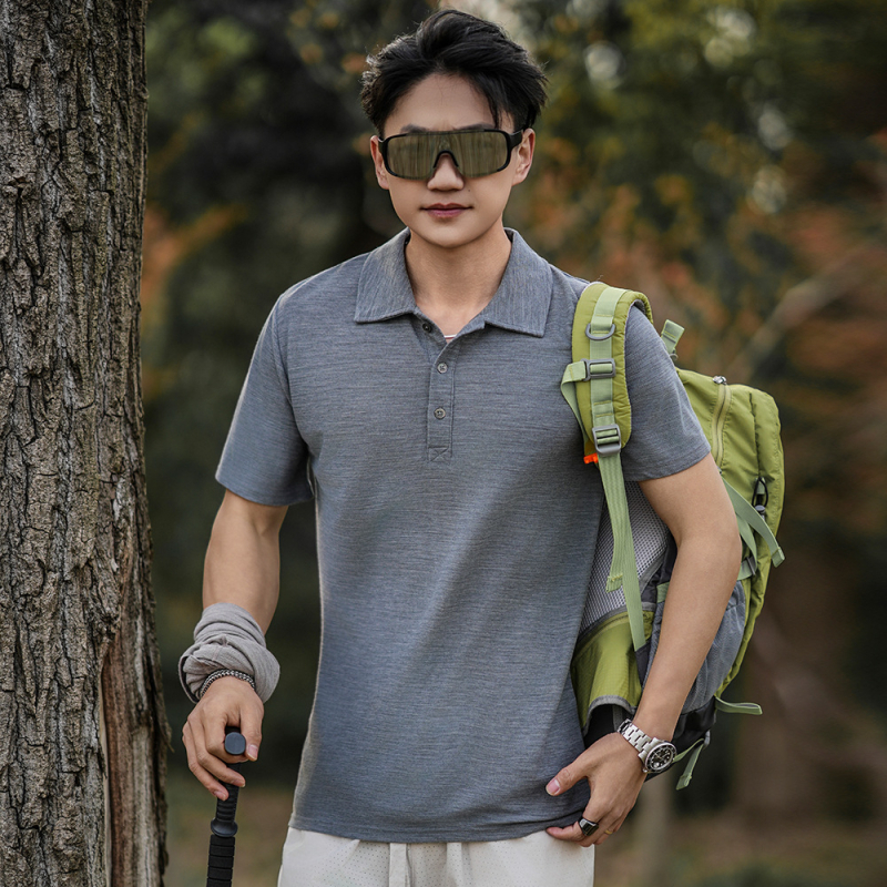 Merino vlna polo tričko pre mužov, krátke rukávy, okrúhly výstrih, rýchloschnúce, letné outdoorové oblečenie