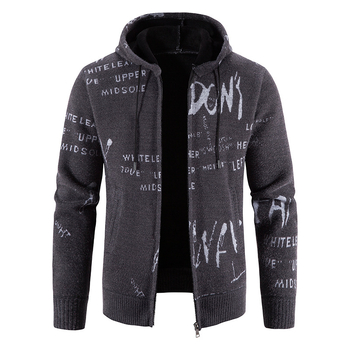 Muška pletena jakna s kapuljom, print, fleece podstava, slobodan kroj, dugi rukavi