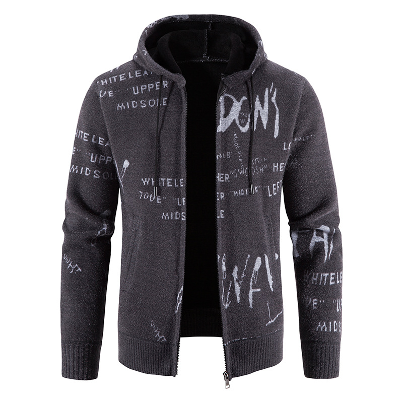Muška pletena jakna s kapuljom, print, fleece podstava, slobodan kroj, dugi rukavi