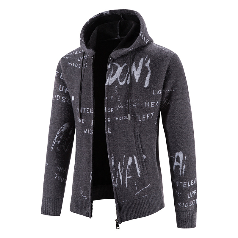 Muška pletena jakna s kapuljom, print, fleece podstava, slobodan kroj, dugi rukavi