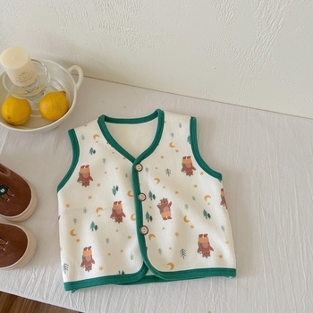 Detská vesta na jeseň/zimu s karikatúrnym motívom, bez rukávov, pre deti 1-3 roky, hlavná tkanina 95% polyester, výplň poliester