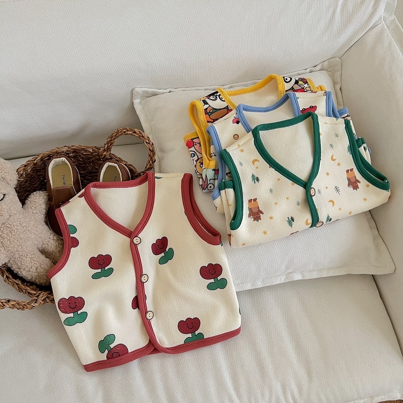Detská vesta na jeseň/zimu s karikatúrnym motívom, bez rukávov, pre deti 1-3 roky, hlavná tkanina 95% polyester, výplň poliester